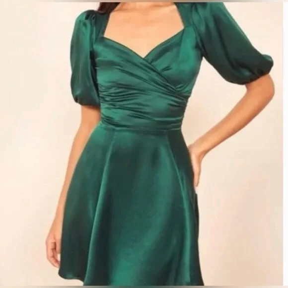 Reformation Lane Silk Dress in Emerald